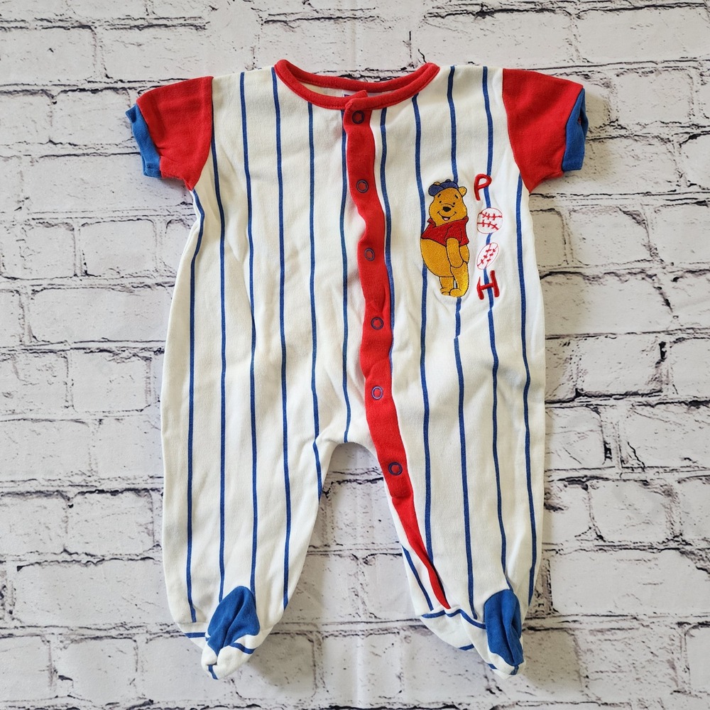 Disney Pooh Baby Boys Baseball Pinstripe Footed Sleeper 0-3 Months Vintage 17379
